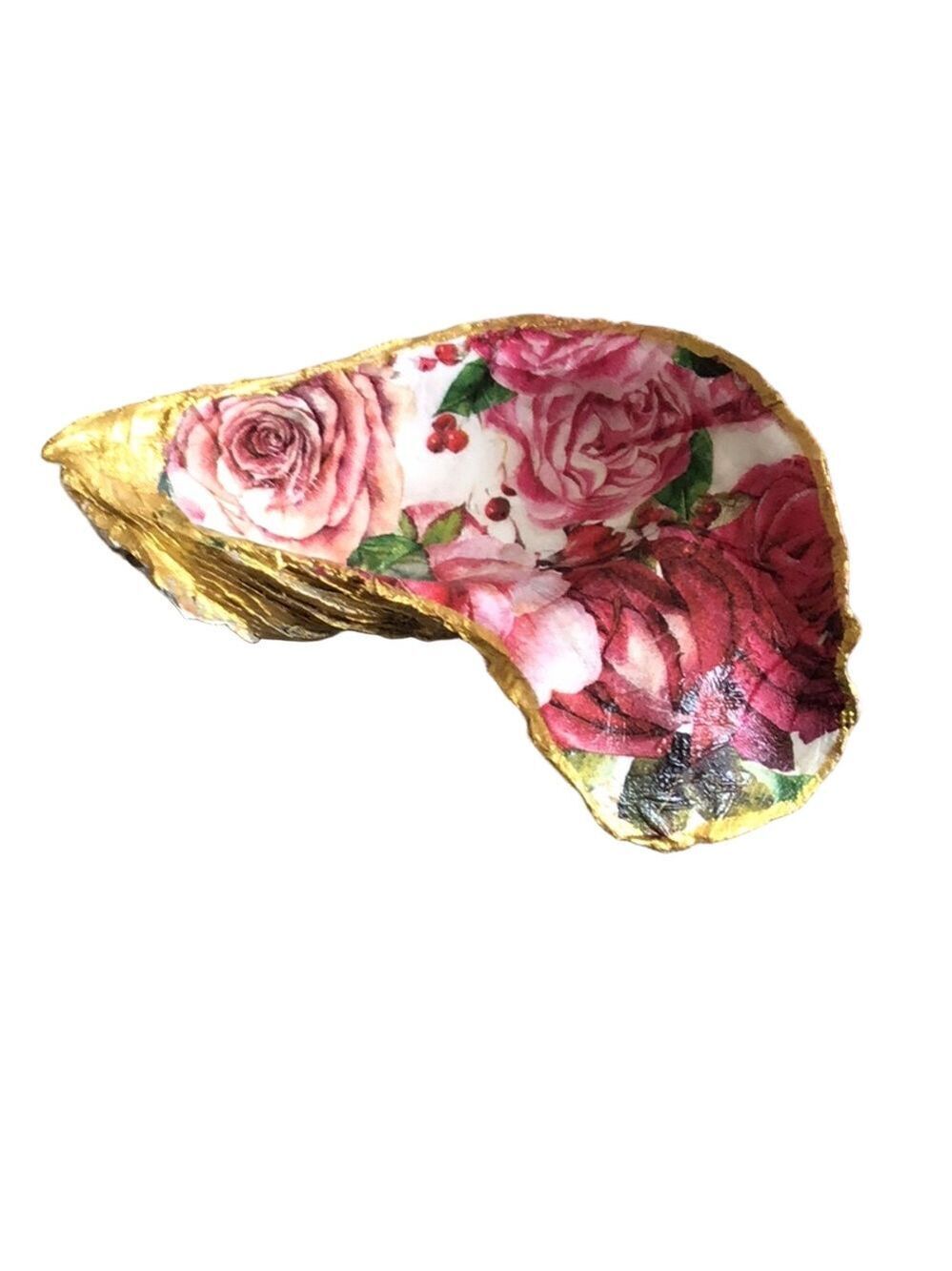 Handcrafted Mixed Media Art trinket oyster shell dish with Gold Accents 5 1/2โ